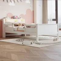 ALFORIGO Kinderbett 90x200 cm, Kiefernholz mit LED, USB, Holzbett mit Kopfteilablage, Bettrahmen mit Lattenrost, weiß