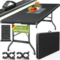 Tillvex Gartentisch 180x75cm Schwarz klappbar Kunststoff | Buffettisch mit Tragegriff | Klapptisch für Garten Terrasse und Balkon | Campingtisch 6 Personen