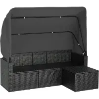 Syfax 3-Sitzer-Gartensofa mit Dach und Fußhocker Schwarz Poly Rattan