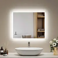 Emke LED Badspiegel 50x60cm mit Beleuchtung & Antibeschlag, Wandspiegel mit Mechanischem Schalter Badezimmerspiegel 3000K/6500K Lichtfarben