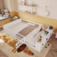 SOFTWEARY Kinderbett mit Lattenrost und Zaun (140x200 cm) Rausfallschutz, Stauraum, Einzelbett, Holzbett, Kiefer