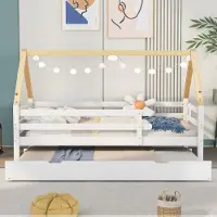 Sweiko Kinderbett 90x200cm Schiebebett mit Rollen, Hausbett mit Lattenrost und Rausfallschutz, Massivholzbett, Weiß