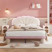 MODFU Polsterbett 140x200 Jugendbett mit LED,Kinderbett mit Wellenkopfteil,Doppelbett mit Lattenrost und gepolsterten Rundfüßen,ohne Matratze,Rosa