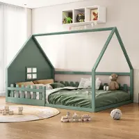 SOFTWEARY Hausbett mit Lattenrost, Rausfallschutz und Zaun, 140x200 cm, Kinderbett, Einzelbett, Jugendbett