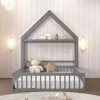 OKWISH Kinderbett Bodenbett 140 x 200, Kinderbettgestell aus Massivholz mit Stauraum, Vollschutzgitter und Türen und Lattenrost, Grau(Ohne Matratze)