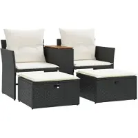 Syfax Gartensofa 2-Sitzer mit Hockern Schwarz Poly Rattan