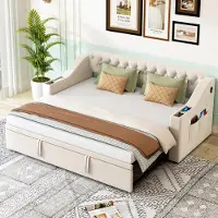 OKWISH Polsterbett Jugendbett Schlafsofa, 90x190 cm, mit USB-Ladeanschluss, Integrierte Ablage in den Armlehnen,Kinderbett Mit Lattenrost, Samtstoff, Beige ohne Matratze