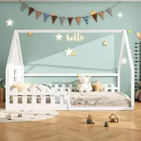 ALFORIGO Hausbett 140 x 200 cm Kinderbett aus Kiefernholz und MDF, mit Hausrahmen und Geländer, Gesamtmaß 204 x 145 x 139 cm, Weiß