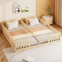 Flieks Kinderbett Einzelbett für 2 Kinder, Bodenbett 90x200cm * 2, Holzbett Spielbett mit Lattenrost, Kinderbett mit Rausfallschutz, Naturbelassen