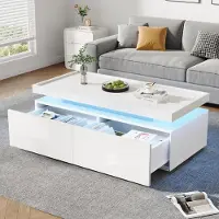 Merax Couchtisch mit LED und 2 Schubladen, Hochglanz Sofatisch mit halboffener Stauraum, Wohnzimmertisch Beistelltisch modern, Weiß