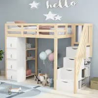 ALFORIGO Hochbett 90 x 200 cm mit 4 Schubladen, 3-stufigem Regal, Stauraumtreppe, Sicherheitsgitter und Lattenrost, Kiefernholz/MDF, Naturholz