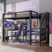 Ulife 90 x 200cm Hochbett, Eisenbett, Untertisch, mehrere Einlegeböden, ohne Matratze, Einbauschrank, schwarz, Schwarz und Braun