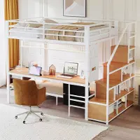 Ropilly Metall Hochbett 140x200 mit Schreibtisch, Unterbett 90x200, LED, Steckdosen, offenem Stauraum und Stoffschubladen, Weiß