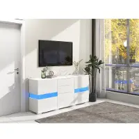 OKWISH LED TV-Ständer Sideboard Hochglanz Weiß Kommode Schrank mit 4 Schubladen 2 Türen für Esszimmer Wohnzimmer