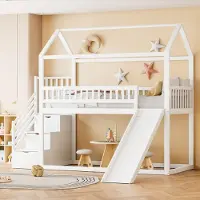 UnboxG Kinderetagenbett 90×200cm (Massivholz, weiß): Zwischengeschoss, Rutsche + Stauraumleiter, hohes Geländer, Lattenrost.