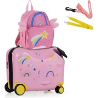 Costway 2tlg Kinderkoffer + Rucksack, 12"+18" Kindertrolley mit Rollen, Hartschale, Tragegurt, Seil & Fußstützen, Kindergepäck, Rollkoffer, Stern