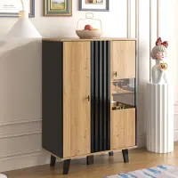 Merax Kommode Highboard mit 8 Fächer inkl. LED, Vitrine mit Glastür, Sideboard Landhausstil Hochkommode Wohnzimmerschränke, 80x120x40cm
