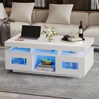 Merax Couchtisch Hochglanz Weiß, 100x50x43cm, LED-Tisch mit App-Steuerung, Schrank, USB & Steckdose, Modernes Wohnzimmer/Büro
