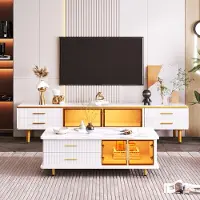 MODFU TV-Schränke TV-Lowboards Fernsehschrank mit 4 Strukturierte Schubladen und 2 Türen aus Gehärtetem Glas, 170*37*47,5cm,Weiß