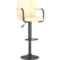 Syfax Barhocker Samt Creme, höhenverstellbar, drehbar, Armlehnen, Fußstütze, Schwarz, 48x47x(90-111) cm (BxTxH)