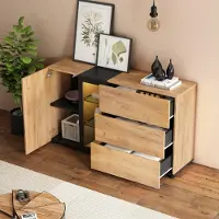 MODFU dekorativer Konsolentisch Moderner Sideboard Kommode mit 3 Schubladen,Aufbewahrungsschrank mit Glastüren und LED,Schwarz+Braun