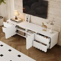OKWISH Moderner TV-Schrank TV-Ständer mit Schranktüren und Schubladen,Fernsehschrank TV-Paneel mit abgerundeten Kanten,Weiß