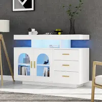 Merax Kommode Sideboard mit Hochglanzfront, Kommode mit 3 Schubladen und 2 Türen, Buffet Anrichte inkl. LED, Weiß