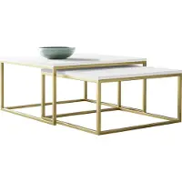 Mirjan 24 Im Set zwei Couchtische Dual Gold, Vierkantrohrrahmen aus Stahl, Kaffeetisch-Set 2-tlg (Farbe: Gold / Arktisches Weiß)