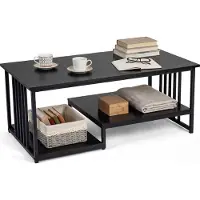 Costway Couchtisch, rechteckiger Tisch mit 2 Ablageflächen & Metallgestell, Akzenttisch, Cocktail- und Snacktisch, 110 x 60 x 45 cm, Schwarz