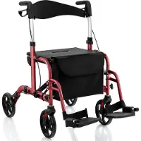 Costway Rollator mit Sitz faltbar leicht, 2in1 Rollstuhl & Reiserollator, Gehhilfe 6-fach höhenverstellbar, mit Tasche, Bremsen & Stockhalter Alu Rot