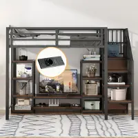 ALFORIGO Hochbett 90 x 200 aus Metall/Holz mit TV-Ständer/Steckdose, Metallbett mit Stauraumleiter und Metall-Holz-Konstruktion; Bettgestell in Schwarz