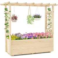 Costway Hochbeet Pflanzkasten mit Rankgitter, hängendem Dach & Abflusslöchern, Blumenkasten für Kletterpflanzen, Pflanzgefäß Holz 115x40x103cm