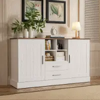 Flieks Sideboard, Anrichte mit 2 Türen, Platte in brauner Holzmaserung, Beistellschrank für Esszimmer Wohnzimmer Flur, Weiß