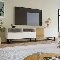 OKWISH TV-Schrank TV-Lowboard mit 2 offene Fächer- 180 x 50 x 38 cm, Fernsehtisch Wohnzimmerschränke mit Zwei Türen, zwei Schubladen für Wohnzimmer, Weiß- und Holzoptik