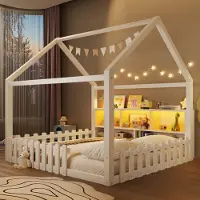 Flieks Kinderbett Hausbett 140x190cm mit Led, Bodenbett mit offenen Staufächern, Kinder Doppelbett Holzbett mit Rausfallschutz, Weiß