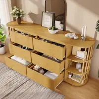 OKWISH Kommode mit römisches Design,Sideboard mit Säulen und Bambus-Regalen,Beistellschrank mit 6 Schubladen und offene Regale,Buffetschrank mit höhenverstellbare Füße,Eiche