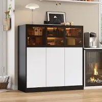 Merax Kommoden Sideboard, mit LED-Beleuchtung, 3 Glastüren, 3 Tür, Aufbewahrungsschrank für Wohnzimmer Küche Esszimmer, 100×40×105 cm, Schwarz+Weiß