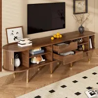 OKWISH TV-Schrank mit Rattan-Schiebetür,Landhausstil Fernsehschrank aus MDF mit offenen Fächern,Schubladen und Schrank,TV-Sideboard in Walnussoptik