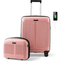 Costway 2tlg. Koffer-Set, 20" Handgepäck Koffer 35L + 14" Kosmetikkoffer, Reisekoffer erweiterbar mit TSA-Schloss, USB-Anschluss & Rollen Rosa