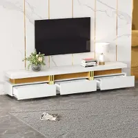 OKWISH Moderner TV-Schrank Lowboard Beistelltisch mit Tischplatte in Marmor-Optik,Fernsehschrank mit Marmormuster,für Fernseher bis 90 Zoll,Weiß