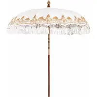 Syfax Balinesischer Sonnenschirm, Garten & Terrasse, Baumwolle & Massivholz, handgeschnitzt, rund, Creme, 215 x 215 x 260 cm