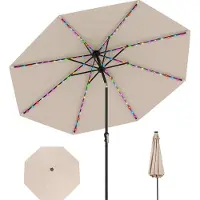 Costway Sonnenschirm 300cm mit Solar-LEDs, 9 Beleuchtungsmodi & Kurbel, Gartenschirm beidseitig um 35° knickbar, Terrassenschirm, Marktschirm Beige