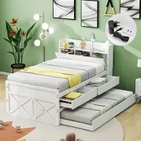 Merax Massivholzbett Einzelbett 90x190cm mit Ausziehbett und USB, Funktionsbett mit 2 Schubladen und Stauraumfach, Kiefer Tagesbett Funktionsbett Gästebett Kinderbett, Grau