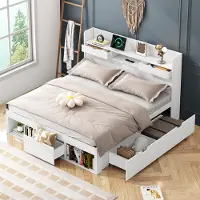 MODFU Doppelbett 140x190 Multifunktionales Jugendbett mit USB-Anschluss und Schubladen,Holzbett mit Stauschrank ohne Matratze,Weiß