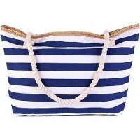 Merkloos Gestreifte Strandtasche mit Reißverschluss – Große, marineblaue Handtasche für Urlaub, Reisen und Shopping