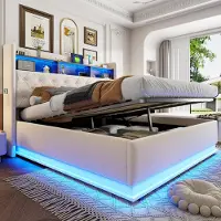 UnboxG Gepolstertes Bett mit LED-Beleuchtung 180×200cm (beige, weiches Leinen): Stauraum, USB, hydraulischer Stauraum.