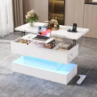 STILVORA Couchtisch mit LED-Beleuchtung,Höhenverstellbarer Sofatisch Wohnzimmertisch mit Steckdose,Beistelltisch Kaffeetisch mit Stauraum,weiß