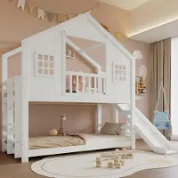 MODFU Etagenbett 90x200 Stockbett mit Rutsche Fenster- und Dachdesign,Kinderbett vierseitiger Rausfallschutz stabiler Lattenrost,ohne Matratze,Weiß