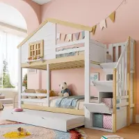 Ulife Etagenbett, 90x200cm, Bettgitter, Ausziehbares Bett, Stauraumleiter, Fenster, Hausleiste, Weiß und Natur, Natur und Weiß