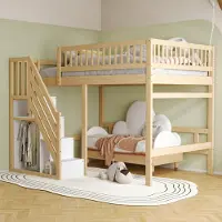 Fortuna Lai Massivholzbett 140*200, Treppe mit Stauschrank, hohes Geländer, Kinderbett, Jugendbett, Massivholzbettgestell, Holzfarbe (Vecchio SKU: LDB00165AAN)